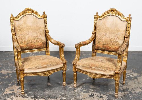 PAIR, E. 20TH C. NEOCLASSICAL STYLE GILT ARMCHAIRS