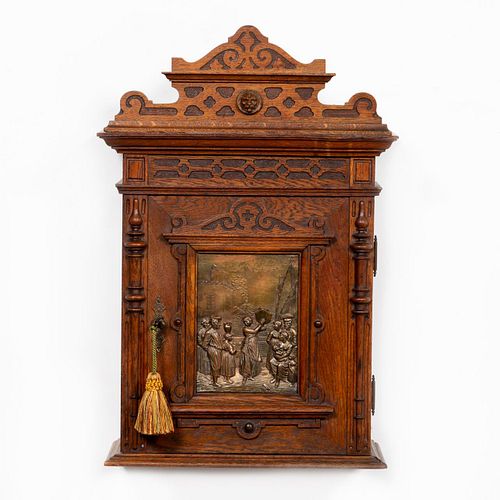 19TH C. HANGING OAK CABINET WITH COPPER PLAQUE