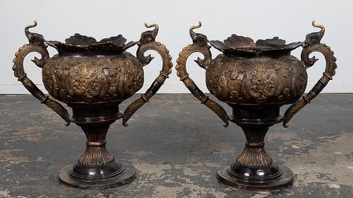 PAIR, LARGE BRONZE INDO-PERSIAN STYLE GARDEN URNS
