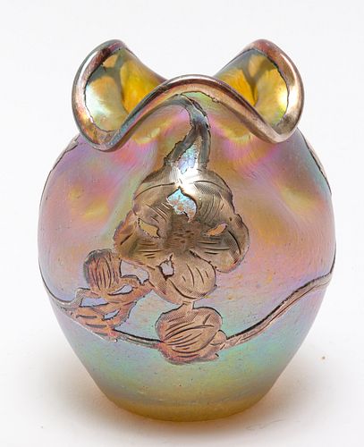 Loetz Iridescent Art Glass Jar with Silver Overlay