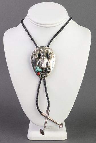 Southwestern Ram Bolo Tie w Turquoise, Coral