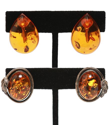 Sterling Baltic Amber Cabochon Earrings, 2 Pair