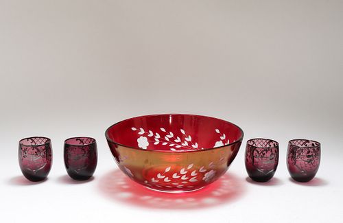 Cranberry Glass Bowl & Cups, 5 Pieces