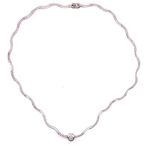 Bezel Set Diamond Wave Necklace 18k White Gold