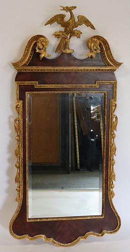 Antique Mahogany Carved Mirror With Bird Crown.