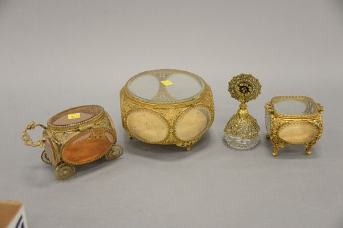 Brass and glass jewelry boxes and perfume bottle, four pieces includes three jewelry boxes with velvet padding, one with carriage shape; and one perfu