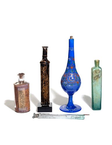 Four Glass Flasks and an Enameled Glass Pipe Base