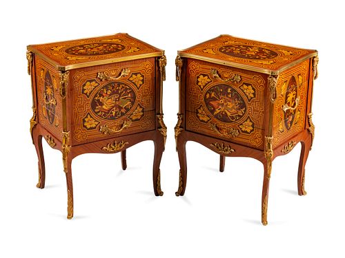 A Pair of Louis XV Style Gilt-Bronze-Mounted Marquetry Side Cabinets
Height 32 x width 23 x depth 18 inches.