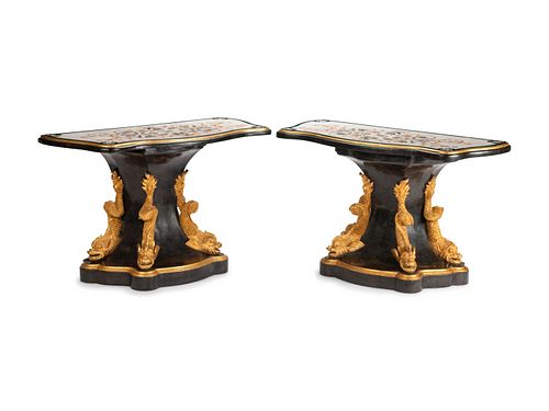 A Pair of Italian Empire Style Parcel-Gilt and Inlaid Marble Consoles
Height 35 x length 55 x depth 24 inches.