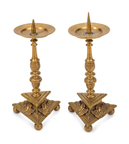 A Pair of Dutch Baroque Style Brass Candlesticks
Height 18 x width 8 1/2 x depth 8 1/2 inches.