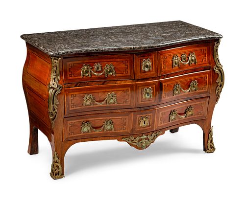 A Regence Gilt-Bronze-Mounted Inlaid Kingwood and Bois de Rose CommodeHeight 34 x length 50 x depth 25 inches.