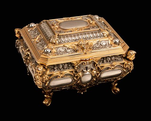 A French Gold and Silver Plated Music Box
Height 5 3/4 x length 8 x depth 7 inches.