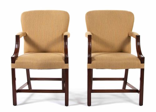 A Pair of George III Style Upholstered Mahogany Armchairs
HHeight 38 x width 23 x depth 26 1/2 inches.