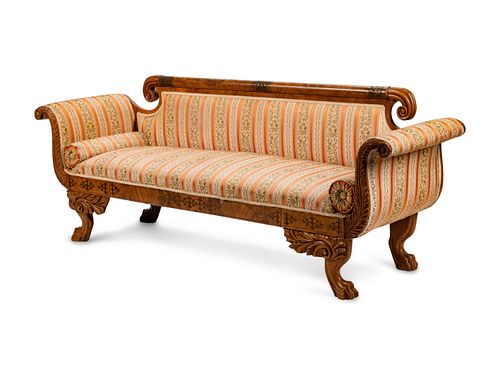 A American Classical Style Brass-Inlaid Mahogany Upholstered Settee
Height 31 1/2 x length 88 x depth 22 inches.
