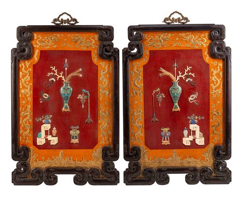 A Pair of Chinese Hardstone and Bone-Mounted Lacquer Panels
Height 55 x width 34 1/2 inches.
