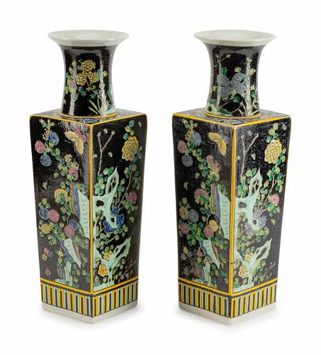 A Pair of Chinese Famille Noir Porcelain Vases
Height 18 1/2 x width 6 x depth 6 inches.
