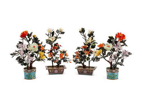 Two Pair of Chinese Jade and Hardstone Shrubs in Cloisonne Enamel Pots
Height 14 x width 10 x depth 7 inches.
