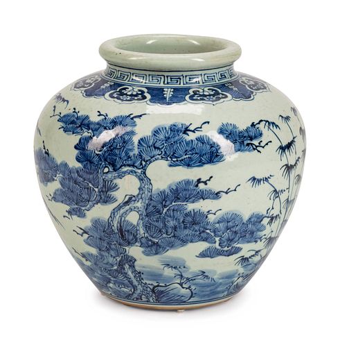 A Chinese Blue and White Porcelain Oval Jar
Height 13 x diameter 13 inches.