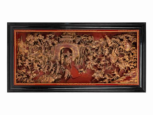 A Large Chinese Pierce-Carved Giltwood Panel Depicting a Battle Scene
Height 33 x length 66 x depth 5 inches.