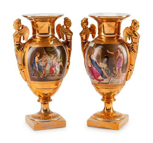 A Pair of Continental Porcelain Two-Handled Vases
Height 16 x width 9 x depth 6 1/2 inches.