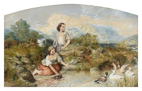 THOMAS JOHN EWBANK (Scottish a. 1826-1863) A PAINTING, "Water Gathering Young Couple and Ducks at the Stream in Landscape," 1863,