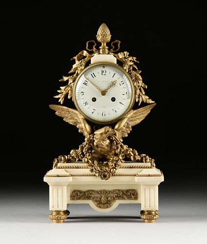A LOUIS XVI STYLE ORMOLU MOUNTED WHITE MARBLE MANTLE CLOCK, WORKS BY VINCENTI, CIRCA 1855, 