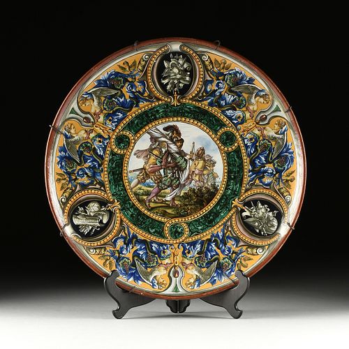 A LARGE ITALIAN RENAISSANCE STYLE MAJOLICA HISTORIATO CHARGER, SIGNED, LATE 19TH/EARLY 20TH CENTURY,