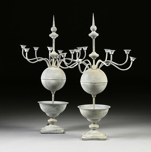 A PAIR OF VINTAGE BELGIAN EIGHT LIGHT GREEN WEATHERED ZINC GARDEN TABLE CANDELABRAS, WOESTIJN ROOS COLLECTIONS, CIRCA 1975,