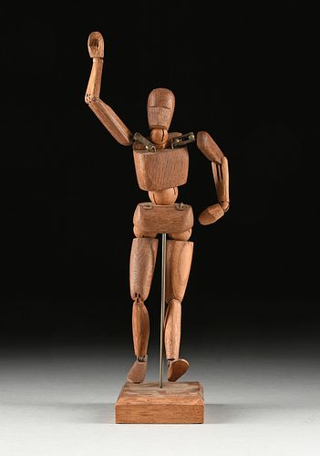 A VINTAGE ARTIST'S CARVED WOOD ARTICULATED FIGURE ON STAND, FIRST HALF 20TH CENTURY,