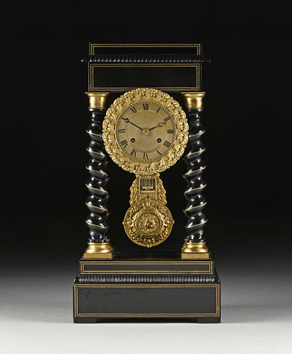 A NAPOLEON III EBONIZED WOOD BRASS INLAID TWISTED COLUMN PORTICO CLOCK, CLOCKWORKS BY J. CHARLES, PARIS, MID/LATE 19TH CENTURY,