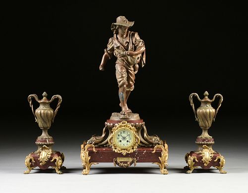 A THREE PIECE FRENCH PATINATED AND GILT SPELTER ON MARBLE FIGURAL MANTLE CLOCK GARNITURE, LATE 19TH CENTURY,