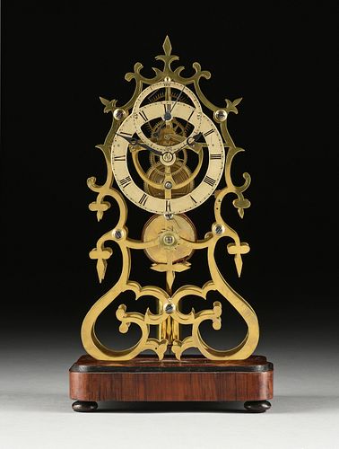 A DOUBLE RING DIAL BRASS SKELETON CLOCK, ENGLISH, 19TH CENTURY,