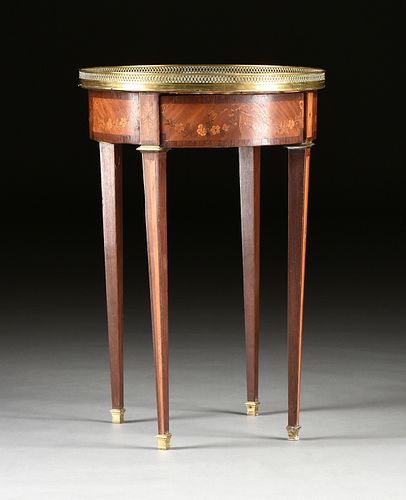 A LOUIS XVI STYLE MARBLE TOPPED AND MARQUETRY INLAID TULIPWOOD BOUILLOTTE TABLE, LATE 19TH/EARLY 20TH CENTURY,