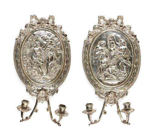 A PAIR OF TWO CHARLES II STYLE SILVER PLATED TWO LIGHT WALL SCONCES, EARLY 20TH CENTURY,