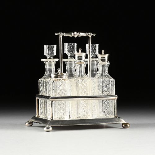 A VICTORIAN NICKEL SILVERPLATED CRUET STAND AND SIX MATCHING CUT GLASSWARES, BY KARANTI, LATE 19TH/EARLY 20TH CENTURY,