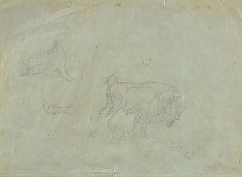 CHARLES MARION RUSSELL (American 1864-1926) A DRAWING, "Sketch of Bison, Skull, and Hoof,"