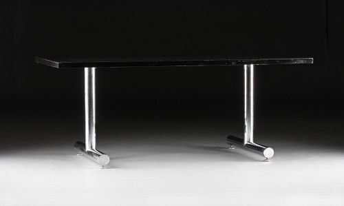 attributed to MILO BAUGHMAN (American 1923-2003) AN EBONIZED OAK AND CHROME TABLE, MID/LATE 20TH CENTURY,