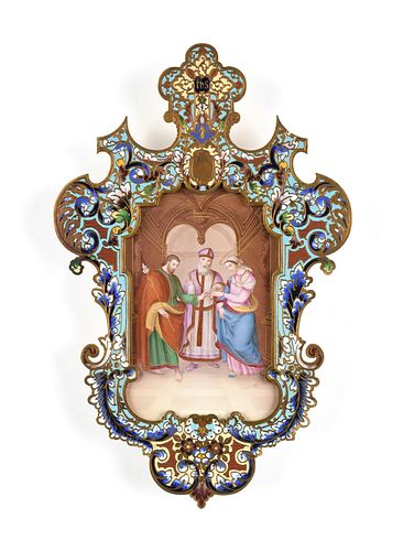 AN FRENCH ENAMELED PORCELAIN PLAQUE IN A BRONZE CHAMPLEVÉ FRAME, "Marriage of the Virgin," LATE 19TH CENTURY,