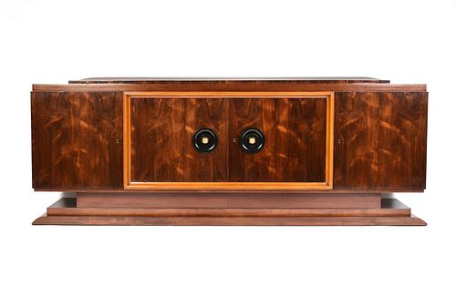 AN ART DECO ROSEWOOD, MAHOGANY AND MAPLE CREDENZA, POSSIBLY AMERICAN, 1930s,