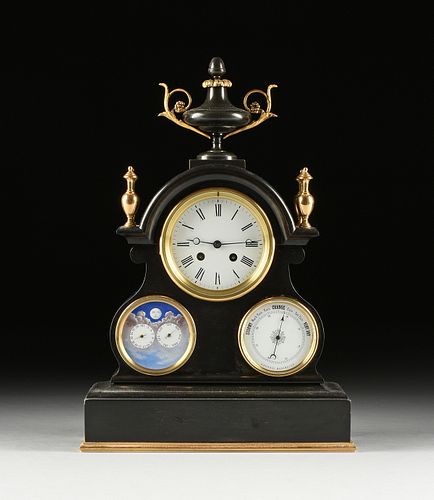 A VICTORIAN TRIPLE DIAL AND GILT BRASS MOUNTED POLISHED BLACK MARBLE MANTLE CLOCK, FOURTH QUARTER 19TH CENTURY,