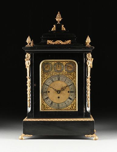 A GEORGE II STYLE GILT BRASS MOUNTED EBONIZED WOOD TABLE CLOCK, SECOND HALF 19TH CENTURY, 
