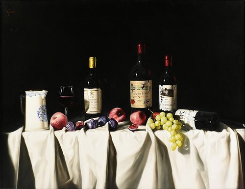 HERVE SBARBERI (French b. 1963) A PAINTING, "Still Life with Figs, Grapes, a Ewer and Wine,"