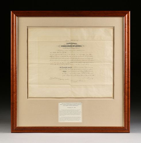 AN ANTIQUE AMBASSADORIAL DOCUMENT, SIGNED BY PRESIDENT GROVER CLEVELAND RECOGNIZING WALTER TSCHUDI LYALL AS BRITISH CONSUL OF THE STATE OF TEXAS AND F