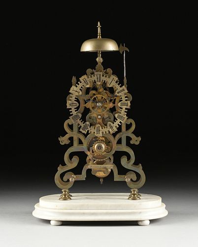 AN ANTIQUE BRASS FUSEE SKELETON CLOCK ON MARBLE BASE,19TH CENTURY,
