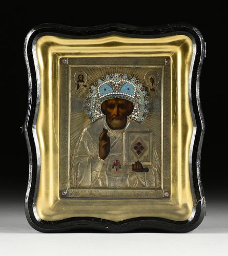 A RUSSIAN FAUX JEWELED AND CLOISONNE ENAMELED SILVER OKLAD MOUNTED ICON OF ST. NICHOLAS, LATE 19TH CENTURY, 
