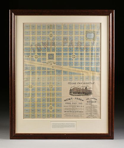 A PROMOTIONAL MAP AND LAYOUT FOR THE CREATION OF A PROPOSED TEXAS CITY, "Iowa Park, Wichita County, Texas," DES MOINES, IOWA, CIRCA 1888,