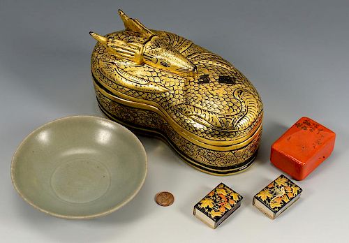 Asian Gilt Lacquer Boxes & Celadon Bowl, 5 items