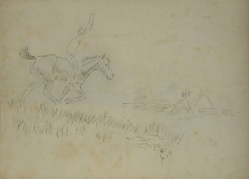 CHARLES M. RUSSELL (American 1864-1926) A DRAWING, "They're Coming!,"
