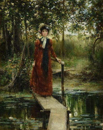FRANCIS COATES JONES (American 1857-1932) A PAINTING, "Crossing the Lotus Lily Pond," 