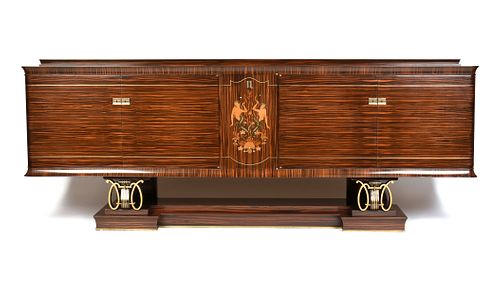 AN ELEGANT FRENCH ART DECO EXOTIC WOODS MARQUETRY INLAID MACASSAR EBONY AND GILT IRON CREDENZA, POSSIBLY BY JULES LELEU, PAULE LELEU, AND GILBERT POIL